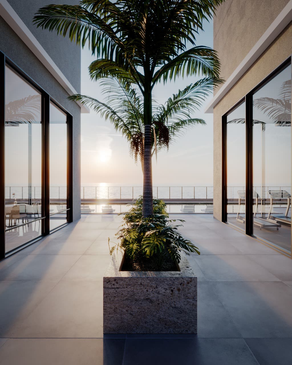 Lounge de convivência com vista para o mar do Porto Novo no Cádiz Praia Clube, Caraguatatuba